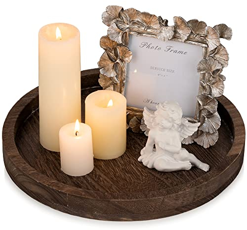 Hanobe Round Wood Tray Candle: Rustic Decorative Candle Holder Wooden Whitewash Pillar Stand Farmhouse Tea Light Plate Base for Living Room Coffee Table Centerpiece for Kitchen Counter Decor