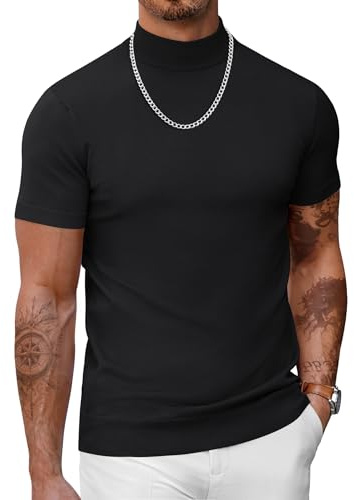 COOFANDY Mens Black Mock Turtleneck Short Sleeve Sweater Casual Pullover
