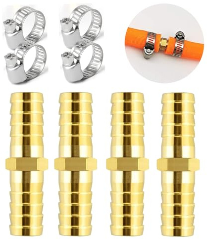 QINGHEC 4 pièces connecteur cannelé en laiton, raccord de tuyau droit 2 voies avec 8 colliers de serrage en acier inoxydable, Connecteur de Tuyau en Laiton pour eau/carburant/air