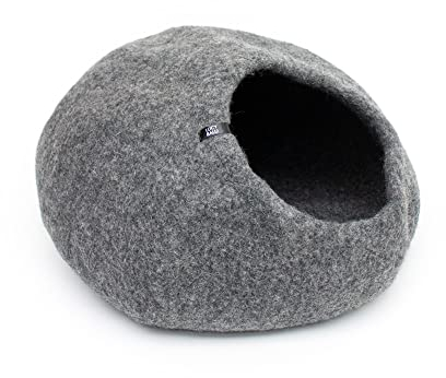 LucyBalu® Premium Katzenhöhle aus Filz | Natürliches Katzenbett aus 100% Flauschiger Wolle | Filzhöhle für Katzen handgefertigt in Nepal | Kuschelhöhle für Katzen | 45x45x28 cm | Grau