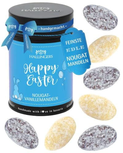 Hallingers Genuss Manufaktur Nougat-Mandeln Oster-Geschenk - von Hand in der Manufaktur schokoliert ohne Alkohol in der Geschenkdose Happy Easter, Ostern Körbchen für Frauen Männer