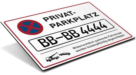 Schild Privatparkplatz mit Kennzeichen, Alu-Verbund, 600x400 mm, Weiß | großes Parkplatzschild mit Ihrem Kfz-Kennzeichen oder Wunschtext – wetterfestes Alu-Verbund, mit Fernwirkung