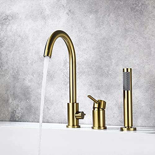 HWSY Bathtub Faucet, High Flow Tub Filler Faucet, 3 Holes Deck Mount Widespread Bathroom Faucet, Single Handle Mixer Tap with Handheld Shower and Tub Spout, Bath Tub Faucet Set, Brass, Brushed Gold