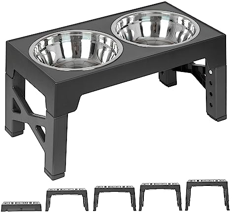 FOREYY Verstellbare hundenapf erhöht mit 2 X 1200ml Edelstahlnäpfen, futternapf Hund erhöht in 5 Höhen(8, 22, 25,28, 31 cm), Rutschfester Hunde Futterstation für mittlere & große Hunde (Grau)