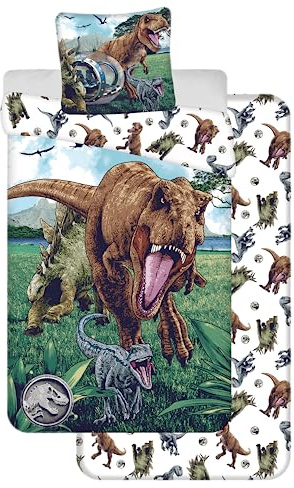 Jerry Fabrics Jurassic World 3-delat sängkläder, 100 % bomull, påslakan 140 x 200 cm + örngott 65 x 65 cm + monterat ark 90 x 200 cm