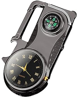 Briquet créatif avec montre, boussole multifonctionnelle, décapsuleur, avec lumière colorée, montre véritable, 5 en 1, briquet coupe-vent (noir)