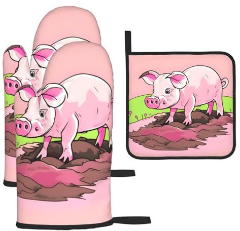 Set di 3 guanti e presine con maialino rosa, per cucinare e grigliare, regalo di Natale per la festa della mamma