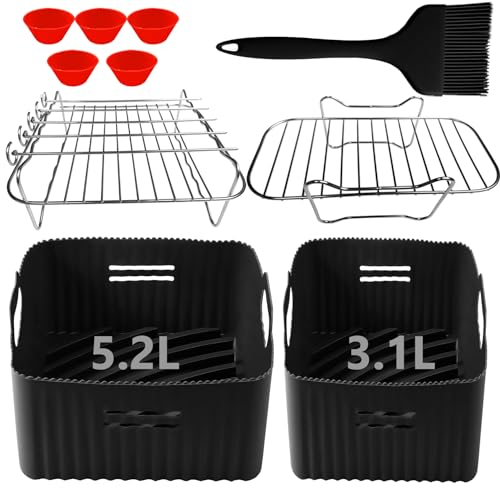 moleath Accesorios Freidora Sin Aceite Dual Zone for Cecotec Cecofry DuoSize 9 L 5,5/3,5 L, Moulinex EZ9018 5,2/3,1 L, 6PCS con Molde Silicona Freidora de Aire, Rejillas para Air Fryer