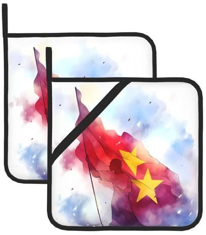 BROLEO Housse de manique carrée isolante en deux pièces avec motif drapeau rouge 20,3 x 20,3 cm : épais et durable, anti-brûlure et isolation thermique