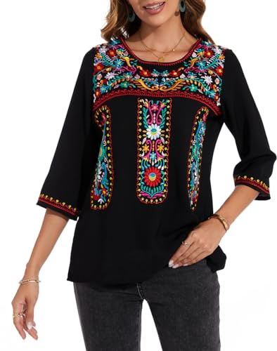 MINTLIMIT Women's Mexican 3/4 Sleeve Blouse Embroidered Traditional Round Neck Top Boho Tunic (Round Neck #B, Size S)