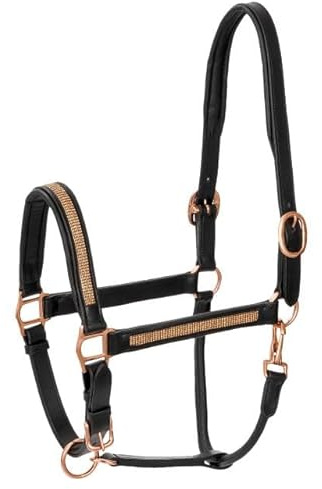 EQUESTRIAN QUEEN Elegantes Lederhalfter Pferd – weich gepolstert, verstellbar & Premium-Design mit Strass-Diamants – Komfort & Stil für Show, Training & Alltag - SmallDiamonds (Schwarz/Gold, Warmblut)