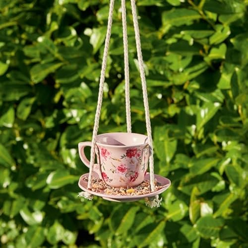 Garden Decoration Colour Selected At Random Ceramic Tea Cup Bird Feeder 64cm Drop includes Draining Holes Outdoor Hanging Feeder Ideal For Feeding Small Birds