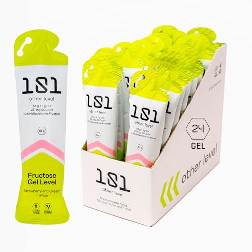 101 Other Level Gel Energetico Fresa y Crema - Pack 24 Geles x 81g- Geles Energeticos Ciclismo - Rico en Carbohidratos 56 gr, Maltodextrina y Fructosa - SIN GLUTEN - Vegano