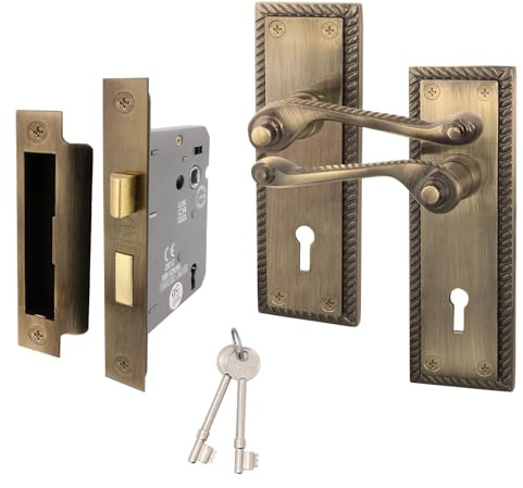 EAI Antique Brass Georgian Scroll Door Handle With Lock Set - 1 Pair Internal Lever Handles, 64mm & Keys - Rope Design