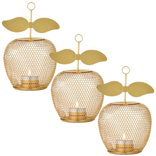 Marrakech Juego de 3 portavelas de metal decorativo esthetic de 19 cm de tamaño, candelabro Manzana dorado como jardín, salón, mesa, decoración, moderno, portavelas para velas de té