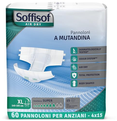 Soffisof Air Dry Pannoloni con Adesivi Super XL - 60x Pannoloni per Anziani a Mutandina - 4 Confezioni da 15 Pezzi, Assorbenza fino a 8 Gocce - Ausili Incontinenza Uomo e Donna