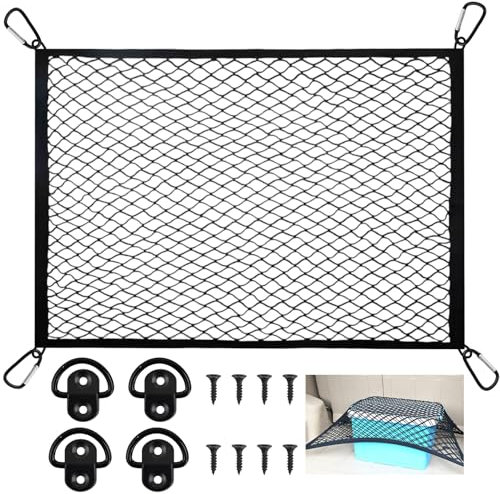 Anseom Single Layer Car Mesh Cargo Net 60X80cm Elastic Trunk Storage Nets for Campervans Car Storage Nylon Net with 4× Steel Ring and 8×Screw for Car Caravan Motorhome Boat