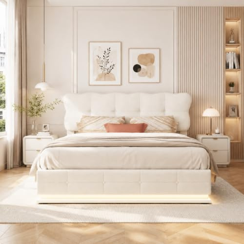 JiaOyu Polsterbett 140x200 cm, LED Bett mit Stauraum & Lattenrost, Doppelbett mit Gepolstertem Kopfteil, Seniorenbett Jugendbett Mädchen Bett, Hydraulisch Stauraumbett, Samt(Beige, 140X200 cm)