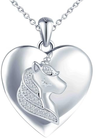 MICSAVI Einhorn kette silber 925 herz medaillon für damen mädchen kinder, Halskette für foto bilder personalisierte, Herz anhänger mit einhorn zirkonia, Kette 45+5cm
