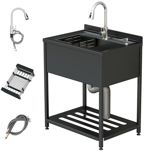 VELPAX Lavabo autoportante Évier Inox de Cuisine 1 Bac Professionnel, rubinetto e piano di appoggio, per Évier Inox Autoportant, Évier Extérieur et Intérieur,78 x 56 x 100 cm
