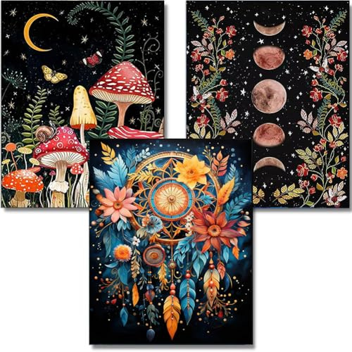 OFRKE Diamond Painting Kits for Adults,3 Pack Mushroom Moon Diamond Art for Beginners, Diamond Round 5D Full Drill Paint with Diamonds Pictures Gem Art Painting Kits DIY Crafts Kits 12x16inch