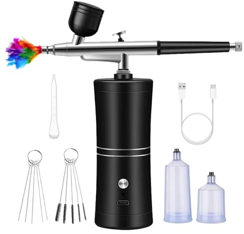 WIYETY Set Aerografo con Compressore: Aerografo Multifunzione Portatile Ricaricabile, Aerografo per Design delle Unghie, Decorazione di Torte, Makeup, Tatuaggi, Pittura, Colorazione dei Modelli (Nero)