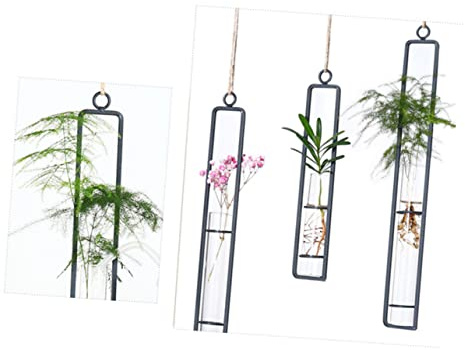 Toddmomy Wall Hanging Flower Pot Wrought Iron and Glass Test Tube Vase with Rope 21x4x4cm Creative Hydroponic Flower Hanging Bottle for Home Garden Wall Decor