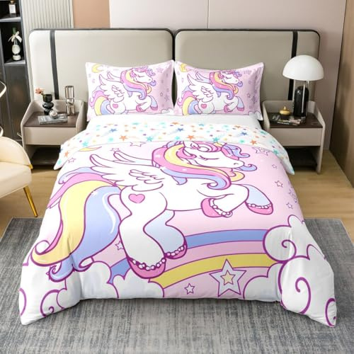 100% Nature Cotton Duvet Cover Girls Pink Unicorn Twin Size for Kids Teens Youth,Dreamy Cartoon Horse Stars Moon Comforter Cover (Not Comforter),Watercolor Rainbow Pink Print All Season Bedding