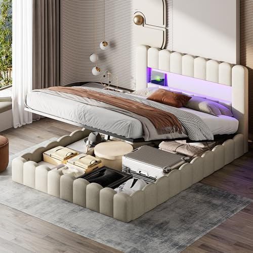 BAJKNIU 180 x 200 cm vadderad säng med förvaring, dubbelsäng med LED och USB, stoppad med sänggavel, dubbelsäng, funktionssängar, sängstomme, utan madrass