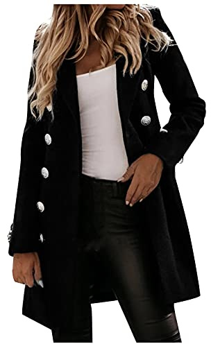 Cappotto Donna Invernale Lungo,Donna Cappotto Invernale Lana Caldo Cappottos Scollo a V Revers Cappotti Invernali Lungo Dritto Doppiopetto Giacca Elegante con Tasche per Autunno Inverno maniche Nero S