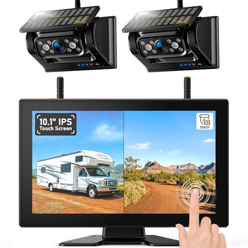 10 Zoll Solar Magnetische Rückfahrkamera Kabellos, Touch Screen, 2 Kameras | 1080P Touchscreen IPS Monitor, 12000mAh Akku, 1-Min Einrichtung, IP69K Wasserdicht für Wohnmobile,Anhänger und LKWs