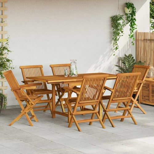 QJBSAVVA 7-TLG Gartenmöbel Set aus Teak mit ausziehbarem Tisch 110-160 cm Klappstühle Sonnenschirmloch Robust & Langlebig für Terrasse Balkon und kleine Outdoor Sitzecke