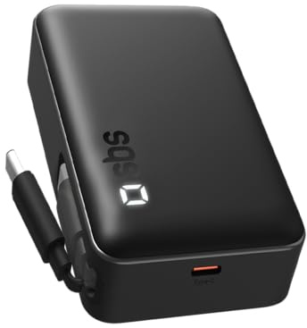 SBS PowerBank 10000mAh, 20W Power Delivery (PD 3.1 PPS) | Power Bank con Ricarica Rapida con Cavo USB-C Integrato, AFC, USB-C, USB-A, Caricabatterie Portatile da Viaggio, Nero