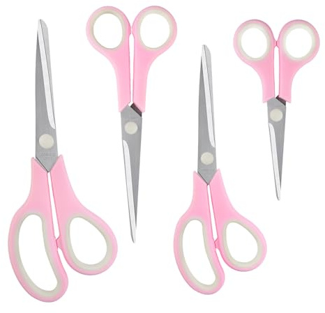 Qcdou Scissors, 4 Pack Heavy Duty Stainless Steel Scissors, Sharp Thick Blades, Comfort Grip Handles, Ambidextrous, Home Essentials, for Home, School, Offices(Pink-B)