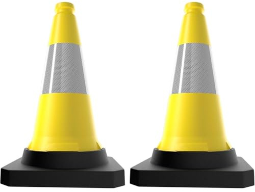 Berry Traffic Cone 500 MM | High Visibility Reflective Yellow Safety Cone with Black Weighted Base | Wind Resistant PE Road Cone for Driveway, Street, Parking & Construction Use - 2 Cones