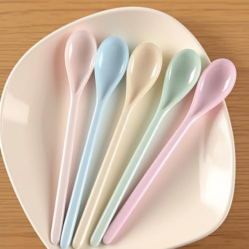 Long Coffee Spoons, Set of 5-7.2-Inch Plastic Stirring Utensils for Iced Tea, Latte, Ice Cream Sundae, Cocktail, and Hot Chocolate, Durable & Colorful Long Drink Spoons