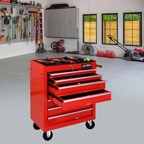 30 Rolling Tool Chest with 7 Drawers, Heavy Duty Steel Tool Storage Cabinet with Key Locking System, Mobile Workshop Trolley with 4 Wheels & Smooth Ball Bearing Slides for Garage,Studio,Office,Red