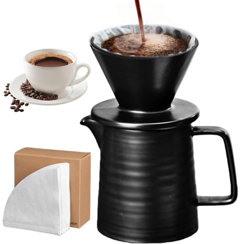 Kaffefilter porslin med kopp, pour over kaffebryggare med keramikmugg, pour over kaffemaskin 450 ml, kaffekanna med filter med 100 pappersfilter, för hem café restaurang camping