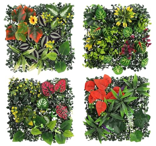 4 Pezzi Pannelli Muro Vegetale Artificiale 25x25cm, Siepe Artificiale da Esterno e Interno, Piante Finte da Parete, Pannello Decorativo per Balcone, Giardino, Recinzione, Parete Verde Verticale (A)