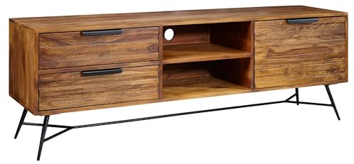 FineBuy Lowboard Nishan 160x54x40 cm Sheesham Massiv Holz, Design HiFi-Board mit Stauraum und Schubladen, Massivholz Fernsehschrank Wohnzimmer, Industrial Fernsehkommode mit Metallbeinen
