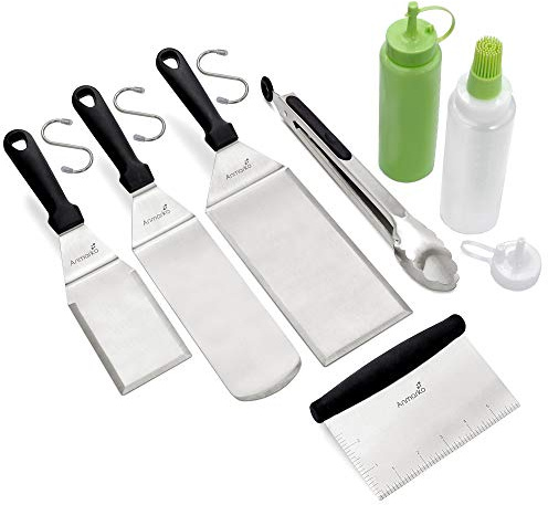 Metal Spatula and Scraper Set - Griddle Accessories kit - Grill Tongs Flat Spatula Pancake Flipper Hamburger Turner Squeeze bottles Set - Metal Utensil Great for BBQ Grill Flat Top Cast Iron