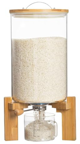 Aprilhp Rice Dispenser, Rice Storage Container, Flour and Cereal Container for Kitchen Organization and Pantry Store, Glass Cereal dispenser with Airtight Lid and Wooden Stand 8L