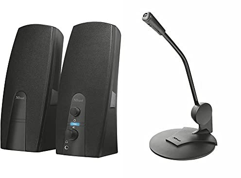Trust Almo Set di Altoparlanti 2.0 USB con Potenza di Picco di 10 W, Nero [nuovo modello] & Primo Microfono da Tavolo ad Alta Sensibilita su Supporto con Spina da 3.5 mm, Nero