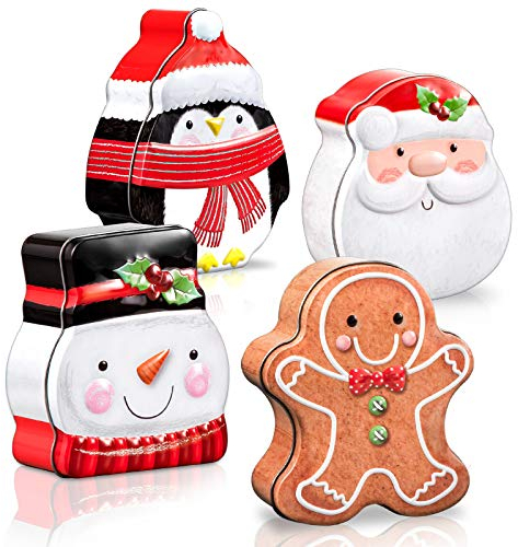 Whaline Scatola di latta per biglietti di Natale, scatola di latta per biscotti in metallo con coperchio, contenitori assortiti per decorazioni per feste, Babbo Natale, pupazzo di neve, pinguino pan