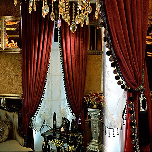 Luxury Pom Poms Curtain for Living Room Blackout Velvet 2 Panels Curtains Set Luxury Tassel Bedroom Curtains (Burgundy, (50W×108L)×2)