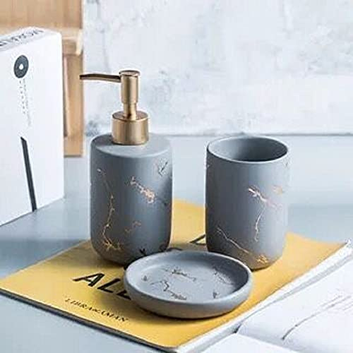 FülleMore Keramik Bad Accessoires Set luxuriös Marmor Optik 3-teiliges Badezimmer Zubehörset aus Seifenspender Seifenschale Zahnputzbecher (Grau)