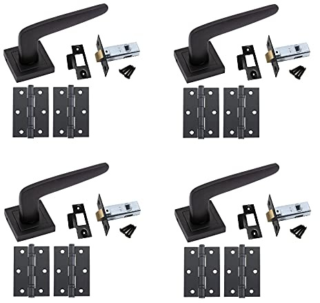 Golden Grace Venus Door Handles on Square Rose with Latch 4 Sets | Includes matching screws for easy setup on internal wooden doors, showcasing a distinct metal square rose backplate.