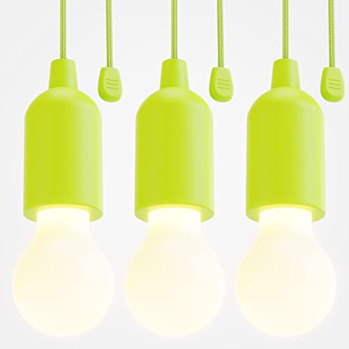 greate LED Lampe batteriebetrieben grün - 3x Pull Light 1W mit Zugschalter inkl Batterien - kabellose Leuchte warmweiß - mobiles Licht ideal für Garten Zelt Camping Kleiderschrank Party Dekoration