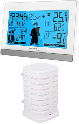 Funkwetterstation WS9612 in weiß, mit Innen- und Außentemperatur, Wettervorhersage, Funkuhr + Technoline TXCOVER, weiß