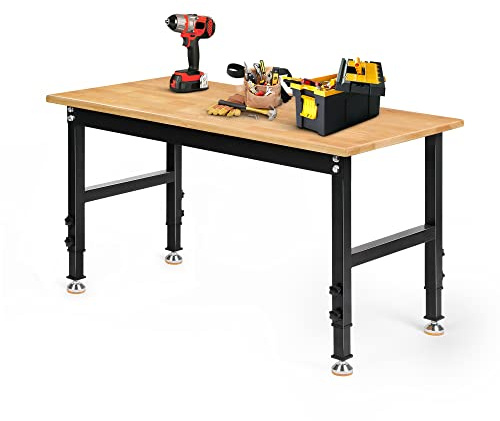 Betterhood 48 Heavy-Duty Adjustable Workbench for Garage, Rubber Wood Shop Table W/Rubber Pads, Hardwood Workstation Weight Capacity Over 2000 Lbs